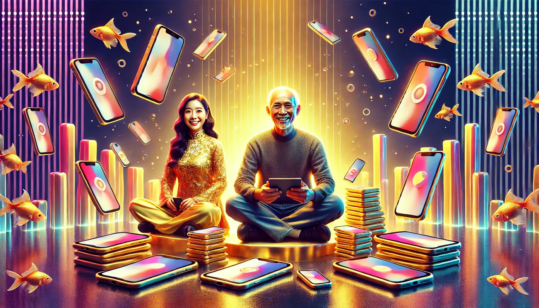 DALL·E 2025-02-17 18.24.26 – A 16_9 wide digital artwork featuring a Vietnamese man and woman, both around 35 years old, sitting in the center. They are surrounded by floating and DALL·E 2025-02-17 18.24.26 - A 16_9 wide digital artwork featuring a Vietnamese man and woman, both around 35 years old, sitting in the center. They are surrounded by floating and